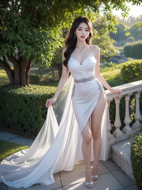 Romantic Rose White Dress 2, Deep in Wonderland，The moonlight falls like water，foggy room，The figure of the heroine is vaguely visible，Just like the fairy in the painting，Slender sexy legs，Very beautiful legs，Show sexy，Large Breasts，Beautiful with a hint o...