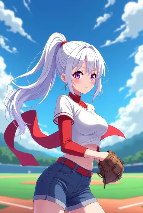 HD、Animation style、white hair 、Purple Eyes、girl、High school student 、single ponytail、Baseball player、Light color short sleeve top、Long sleeve red underwear、plump breasts、Good shape、Thin、sash、Sky、cloud、sunny、Baseball field