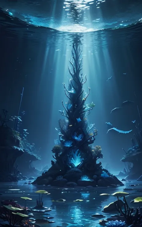 masterpiece, Highest quality, Absle Dress,  Atlantis World, In the water, kelp forest filled with glowing plants, Coral, shell, kelp, Blue luminescence, moonlight, night, Volumetric lighting, Cut stone, Smooth,