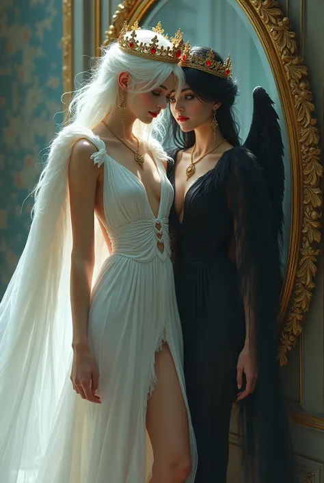 Girl with white hair and golden eyes with large white wings on her back wearing a white dress with a neckline from the breasts to halfway down the belly with two slits on the sides of the legs and tulle sleeves that simulate a cape that goes from the shoul...