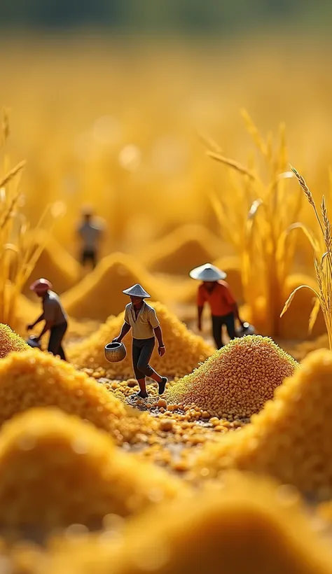 Miniature scenes of rice harvesting, grain piles filled with golden grain and small people carrying water, microphotography with macro lens in natural light, warm tone, rich details, full color. Hard working farmers are surrounded by piles of golden ears o...