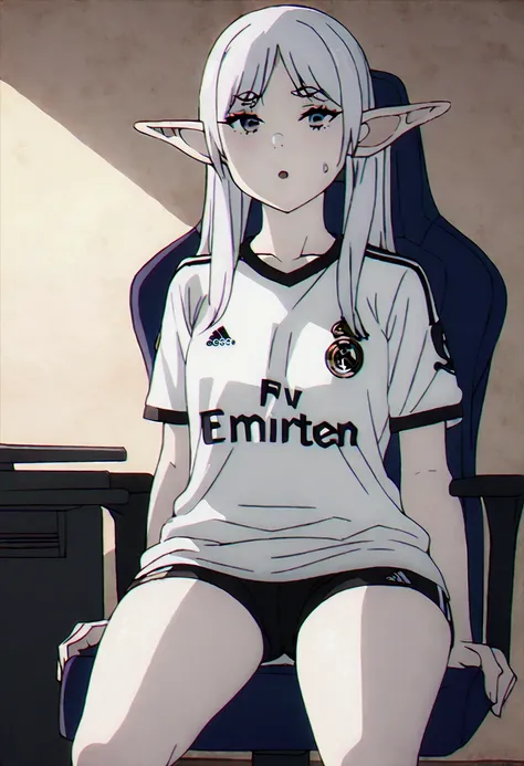 (best qualityer, work of art),sexually,  erotic, 18+, nsfw, 1 girl, 1 , dressed in the real madrid shirt, elf ear , 4k image qua...