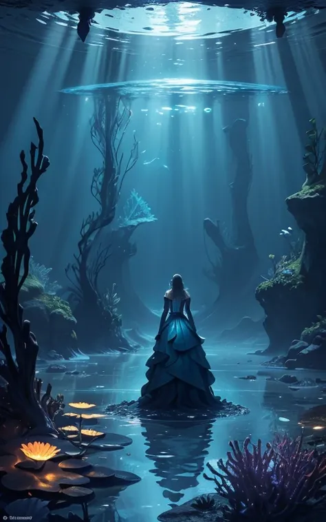 masterpiece, Highest quality, Absle Dress,  Atlantis World, In the water, kelp forest filled with glowing plants, Coral, shell, kelp, Blue luminescence, moonlight, night, Volumetric lighting, Cut stone, Smooth,