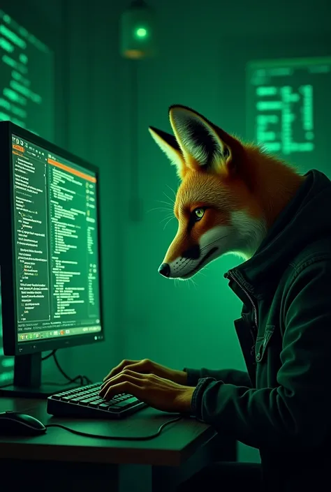 I want a hacker fox writing codes from a computer screen in a dark climate full of green codes 