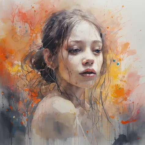 1girl, a painting by mse a woman by agnes cecile, luminous design, pastel colours, ink drips, autumn lights