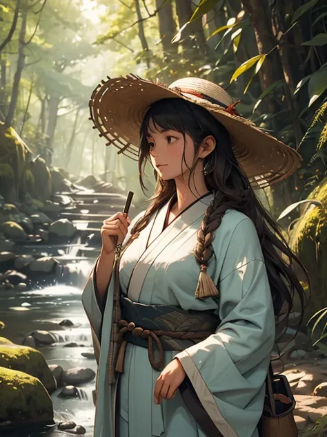 A determined female practitioner of Shugendo, dressed in traditional mountain ascetic robes, makes her way up a rugged, steep mountain path. Her attire includes a white kimono layered with a hakama and a conical straw hat, and she carries a staff to help n...