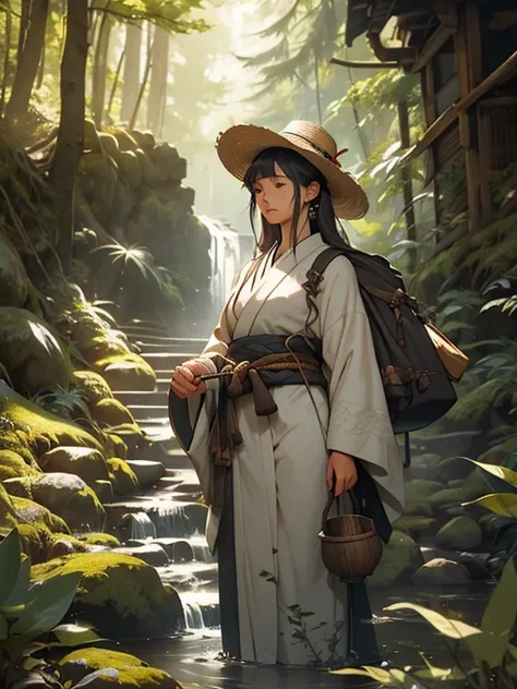 A determined female practitioner of Shugendo, dressed in traditional mountain ascetic robes, makes her way up a rugged, steep mountain path. Her attire includes a white kimono layered with a hakama and a conical straw hat, and she carries a staff to help n...