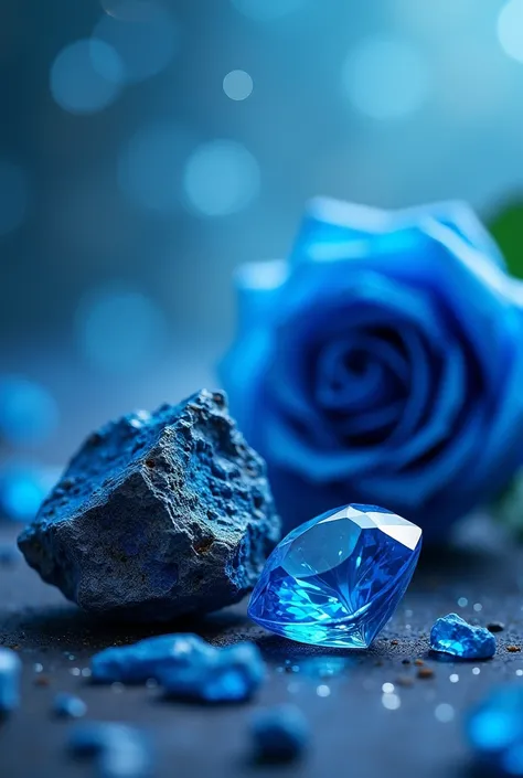 Blue ore、Blue ore、Blue Diamond、Blue rose、Close-up、The background is blue, sparkly and blurry.、