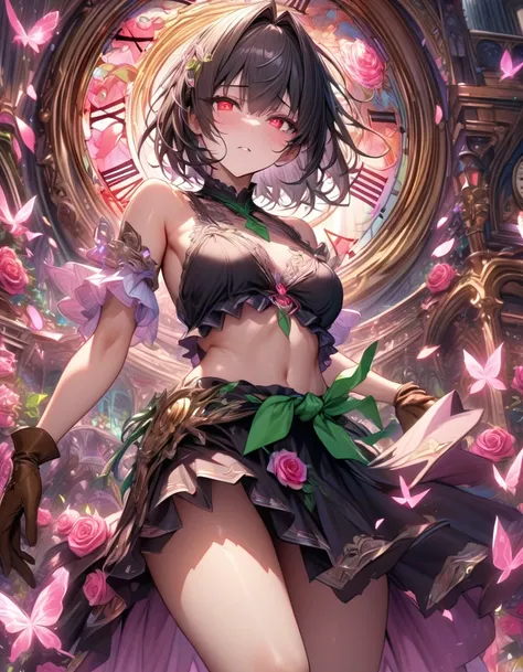 absurdres, highres, ultra detailed, HDR, masterpiece, extremely detailed, detailed eyes, detailed face, Sakuya Tachibana, black hair, bob stiled hair, square bangs, expressive red eyes, God Eater, she wears a black backless top, neck strap which also tied ...