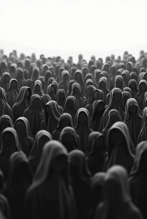 A crowd of people in black and white 