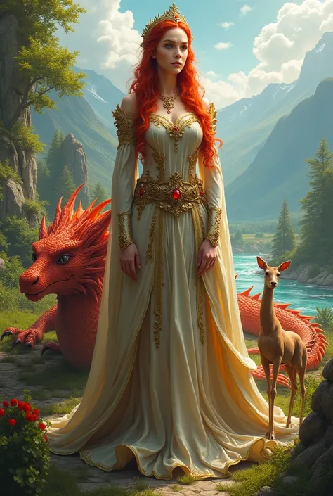 An adult redhead queen ruling her people in peace with animals and people and magical creatures and a big red but friendly dragon.