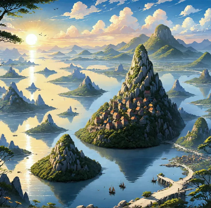 A Magical fairy tale City built on three high rocky karst island reminiscent of Hoa Long Bay. In the middle of the Great Salt Lake. Official Art – An Award-Winning Digital Masterpiece In 4K Ultra HD, Extreme Detail And Intricate Realism. Symmetrical Face. ...