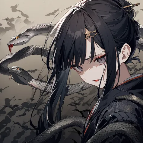 Japanese、woman、Long black hair、Japanese style anime touch、Hairpin、snake background、Scary atmosphere、mysterious