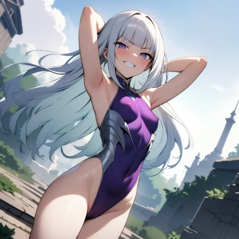 (masterpiece),(best quality),very aesthetic,(ultra-detailed),high saturation,dutch angle,nsfw,1girl,16yo,slender,long hair,silver hair,straight hair,(blunt bangs),dark blue alluring eyes,glaring,belligerence,indomitable spirit,excited,smirk,arms behind hea...