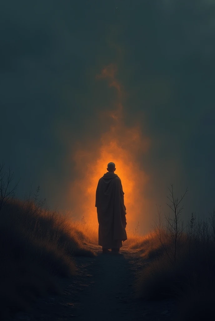 A monk stands in the dark in the distance., midnight, Orange Aura