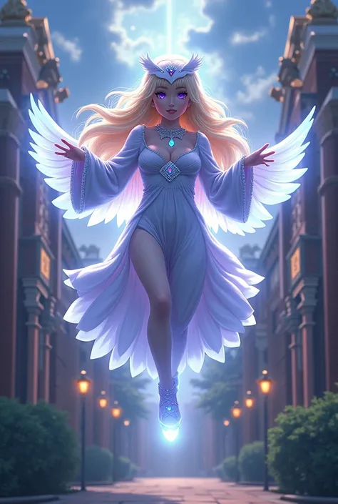 Realistic long haired blonde woman  using her white light powers, with her eyes shining, while floating above a fancy school. Wearing huge velvet owl kigurumi costume, Jewelry, Purple Eyes, Masterpiece, High Resolution, Masterpiece, 