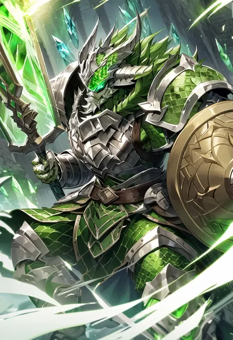 Great Dragonborn Divine Warrior, silver steel scales with green tones, crystal glass, wearing full armor and wielding a living axe in his left hand and using a large shield in his right, sorriso orgulhoso, . 