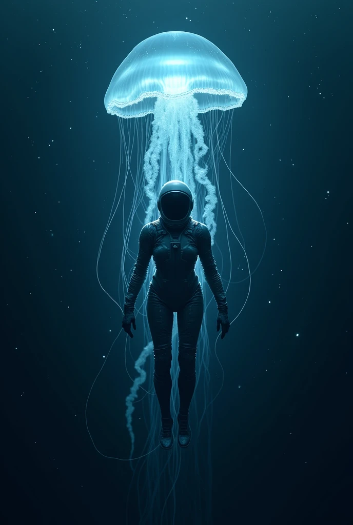 Astronaut deep in water, but It looks like space
With a giant glowing jellyfish, stars around