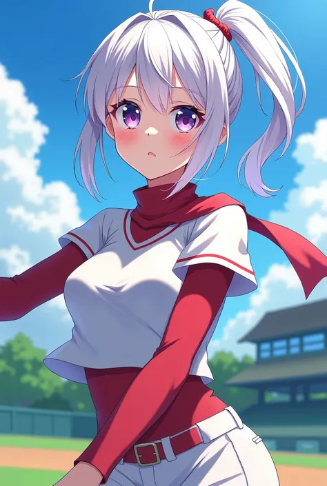 HD、Animation style、white hair 、Purple Eyes、girl、High school student 、single ponytail、Baseball player、Light color short sleeve top、Long sleeve red underwear、plump breasts、Good shape、Thin、sash、Sky、cloud、sunny、Baseball field