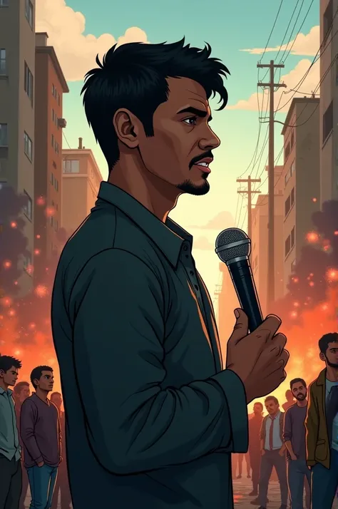 {
  "size": "1024x1024",
  "prompt": "Luis, holding a microphone, speaks about a real case where hate speech caused violence. In the background, a scene is depicted showing a community in conflict, with buildings damaged and people arguing violently. Luis ...