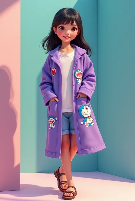 An Indonesian girl wearing a purple duster with a Doraemon motif posing for a photo in a modern style wearing sandals with a cute facial expression