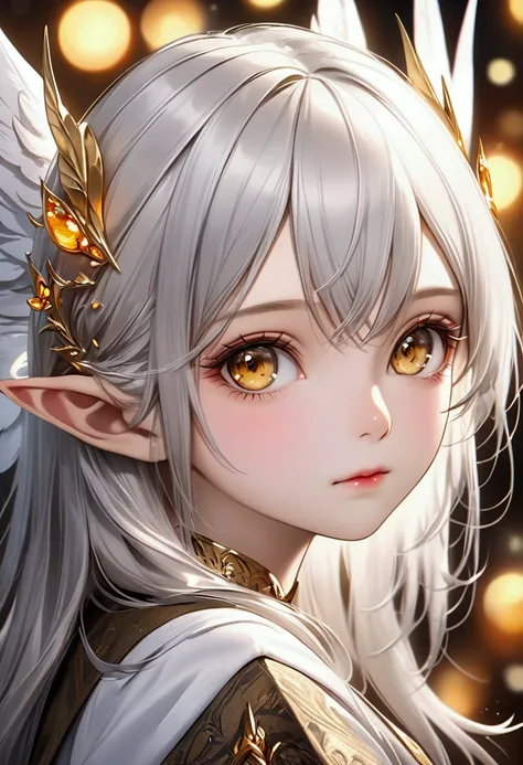 a beautiful white-haired girl with golden eyes, elf ears, and white wings, intricate detailed portrait,ultra-detailed, (best quality,4k,8k,highres,masterpiece:1.2),ultra-detailed,(realistic,photorealistic,photo-realistic:1.37),HDR,UHD,studio lighting,ultra...