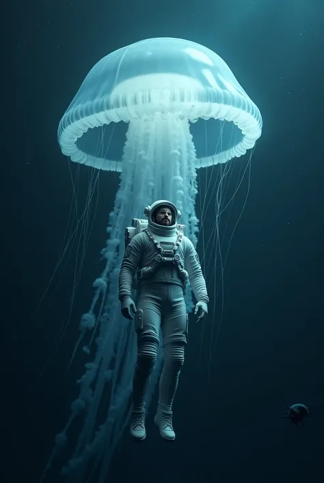 Male Astronaut deep in water, but It looks like space
With a giant glowing jellyfish, stars around