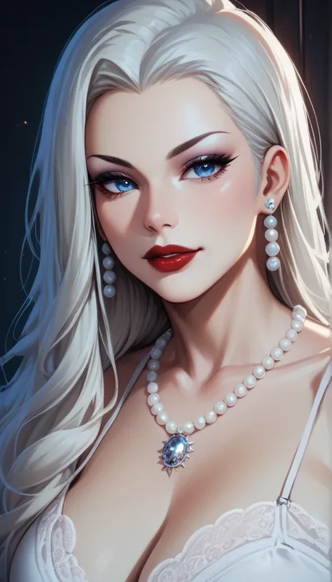 score_9, score_8_up, score_7_up, score_6_up, score_5_up, score_4_up, Gothic mei mei , blue eyes, big large breasts,  necklace ,red lipstick , detailed eyes ,pearl earrings Earrings,  bracelet,mix colured hairs , white dress,makeup, bracelet,