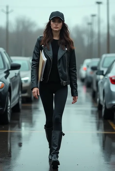 Photo with real people. teenage woman, Caucasian skin, clear eyes, wavy dark brown hair, wearing a black leather jacket, with black leggings and boots, with a black cap on her hair, holding a folder of documents, walking through a parking lot. In the backg...