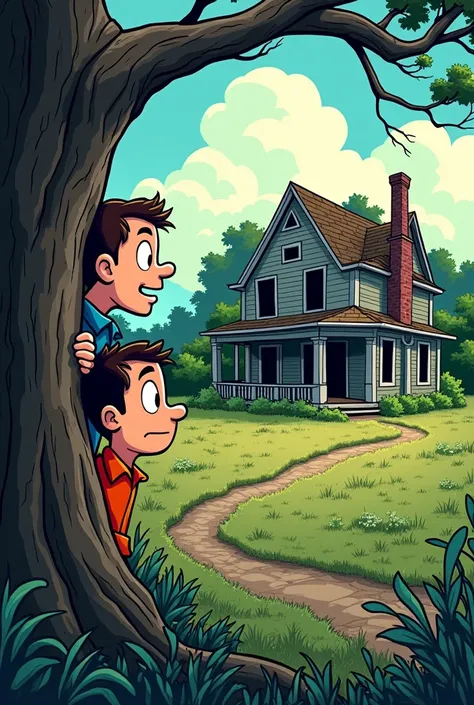 draw two men behind a tree looking towards a dark abandoned country house in comic style 