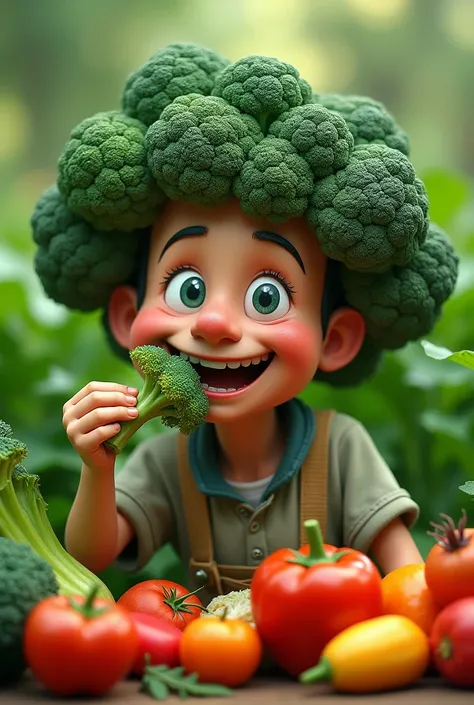 a man with broccoli hair is eating vegetables, real results ultra quality HD10800