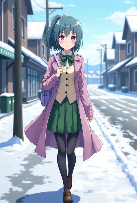 a young woman, anime style, 1, walking along a city sidewalk, There are some houses and shops in the surrounding area, an empty road, the city is covered in snow, at daytime, I am 172 cm tall, Its measurements are B 60, W 30 y H 90; She has short, straight...