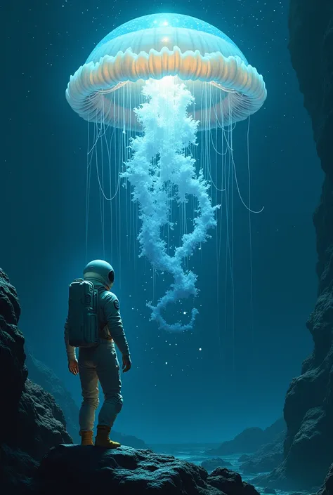 Astronaut deep in water, but It looks like space
With a giant glowing jellyfish,  lots of stars around them