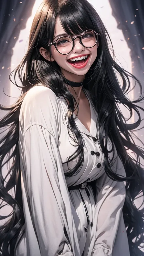 The image centered on the face of a beautiful woman laughing like the joker, fleshy lips, gaping mouth, long, flowing hair, skin black, round rimmed glasses1 girl, high resolution, laughter, gaping mouth, bangs between eyes, slightly separated lips, teeths...