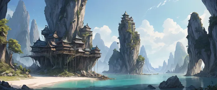 A Magical fairy tale City built on three high rocky karst island reminiscent of Hoa Long Bay. In the middle of the Great Salt Lake. Official Art – An Award-Winning Digital Masterpiece In 4K Ultra HD, Extreme Detail And Intricate Realism. Symmetrical Face. ...