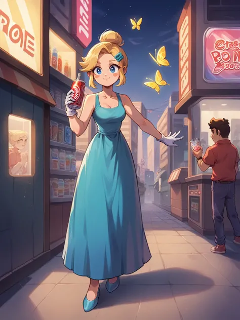 Piper Brawl Stars, blonde hair, hair bun, hair accesory, butterfly hairclip, cute face, diamond face shape, collarbone, medium breasts, medium thighs, light blue long dress, light blue heels, large white gloves, city, retrozone, street, night, standing, dr...