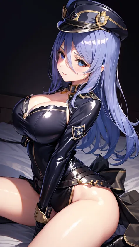 Erotic、tall、Big Breasts、Navy blue shiny latex police uniform、Officer hat、Evil、sadist、whip、sexy、tall、adult、lure、Alluring、Pitch black background、Dark bedroom at night、Straddle、Evil笑み