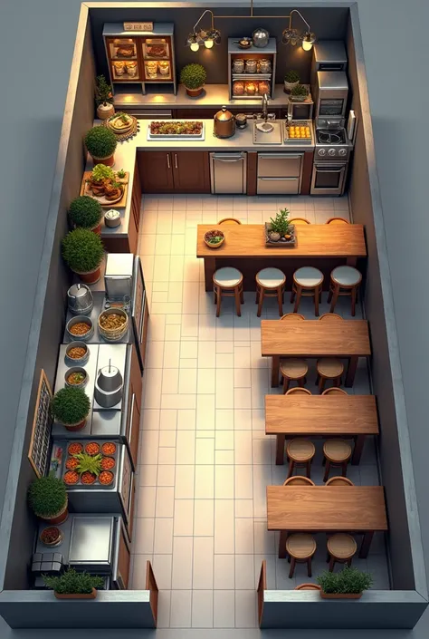 Create a food establishment with a kitchen inside that includes a dishwasher and tables, all well placed, 5 meters long and 4 meters wide. 