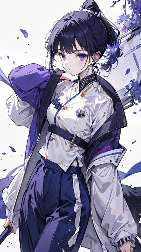 Navy blue short ponytail，black eyes，Wolfs ears，White military uniform and purple windbreaker，longbow