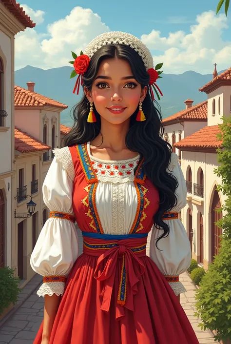 Simple drawing of a girl from Santa Cruz dressed in her traditional costume in Santa Cruz de la Sierra
