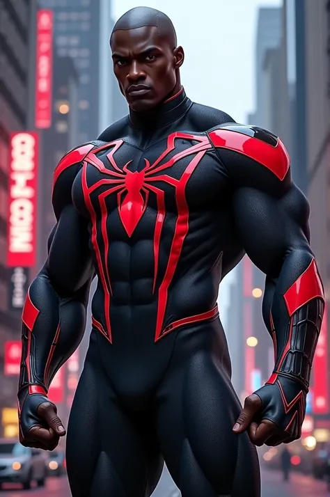 Muscular black man dressed as black spiderman