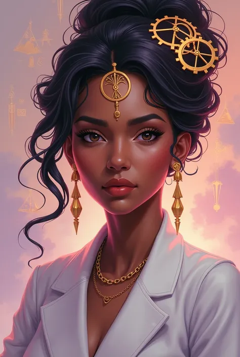 Create a charter "The Strategist" for sacred female oracle in digital art style, utilizando uma paleta de cores suaves com rosa e lavanda e detalhes In gold. Portray an intelligent and calculating woman, with an expression of concentration and planning, wi...