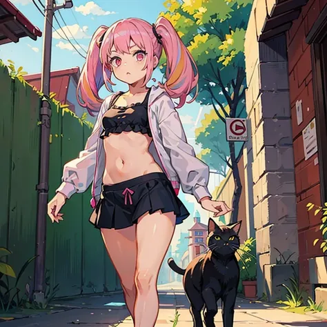 girl with pink hair and two long pigtails, pink eyes, walking to school, Orejas Cat Mimi, bare belly, cat&#39;s tail