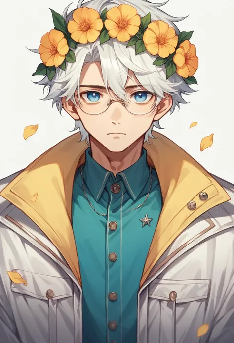 boy with blue eyes on the right and yellow on the left long white hair with circular glasses with a flower crown light red pastel colored jacket