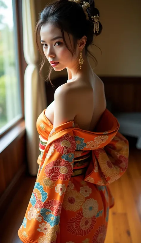 An elegant kimono with bold patterns and gold accents, Shoulders are exposed, Sitting pose, tilt your head slightly, Updo Hair, indoor, Bright natural light, Glowing Skin,Wooden floor, Quiet and sophisticated atmosphere, Shot from the front with soft focus...