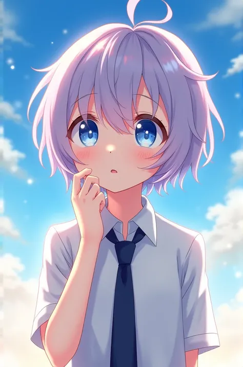 Anime-style portrait of a young character with short, light purple messy hair, large expressive blue eyes with star-like reflections, looking slightly surprised or thoughtful. The background is a bright blue sky with soft, scattered clouds, and soft sunset...