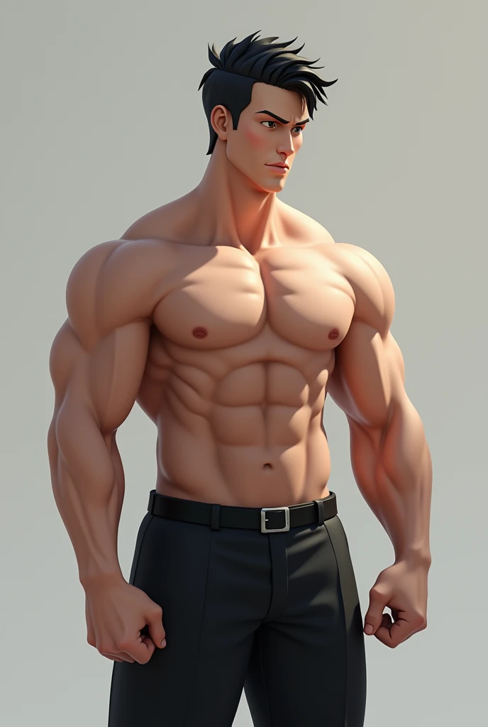 Medium build male with short black hair wearing black pants with no shirt 