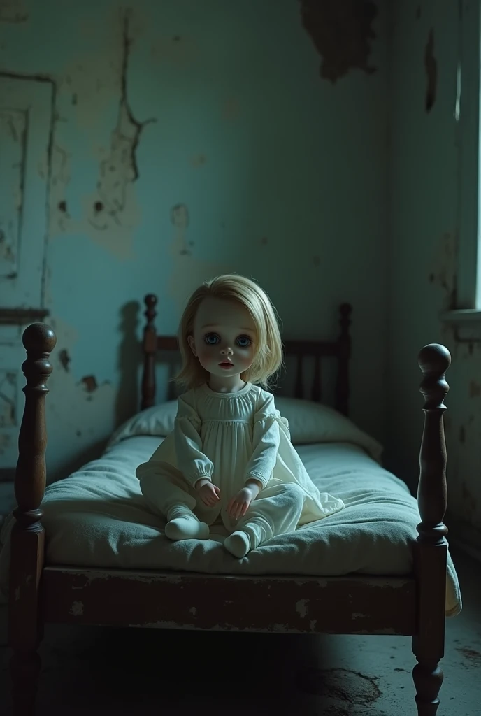 a toy doll, porcelain, on top of an old bed, derelict house, darkness, Scene from horror, from a movie, work of art, cinematic lighting, pay attention to the pulse, nblurry background, High definition,8k ,32 mil, hyper detailled, hyper-realistic textures, ...