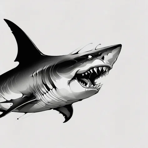 illustration of a shark from the side with its mouth open, few detail, black andwhite,