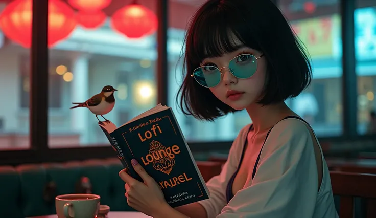 daughter、Short Bob、Asian Girl、Yoshine Kyoko like、Jazz cafe-like background，I have a book、The book cover says Lofi Lounge, A small bird nearby、Highest quality、Near perfect, dynamic,Neon Black, Hard Shadows, masterpiece, Highest quality, Complex, Model shoot...